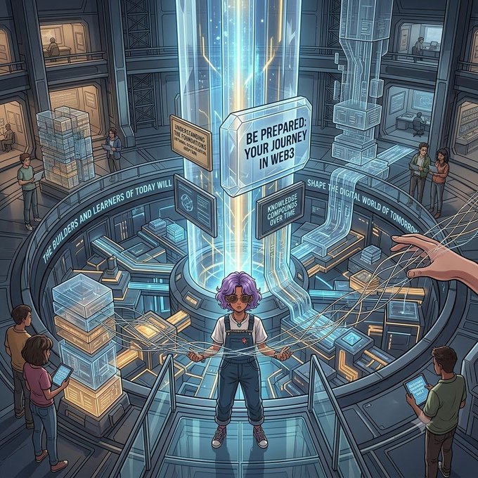 An illustrated scene depicts a person standing in a futuristic control room with floating holographic displays reading 'BE PREPARED: YOUR JOURNEY IN WEB3' and 'KNOWLEDGE COMPOUNDS OVER TIME' as other figures interact with surrounding technology.