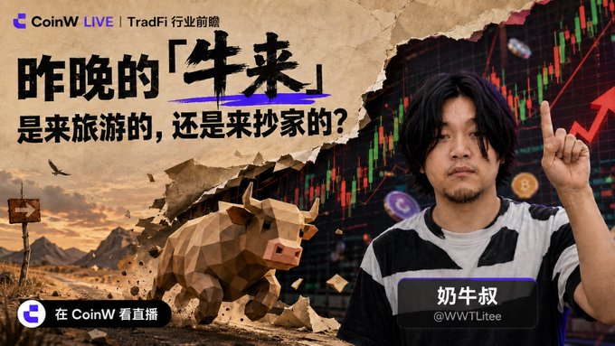 A CoinW Live promotional thumbnail for a TradFi livestream titled "昨晚的「牛来」是来旅游的，还是来抄家的？" featuring a host named 奶牛叔 (@WWTLtee) alongside a polygonal bull graphic.