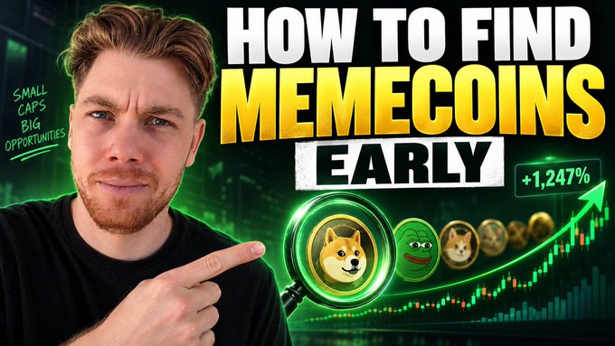 The image is a YouTube thumbnail featuring a young man with reddish-brown hair pointing at the text "HOW TO FIND MEMECOINS EARLY" alongside a Shiba Inu coin under a magnifying glass, a +1,247% gain indicator, and "Small Caps Big Opportunities" text—visually promoting the video's guide on discovering memecoins before they surge in value.