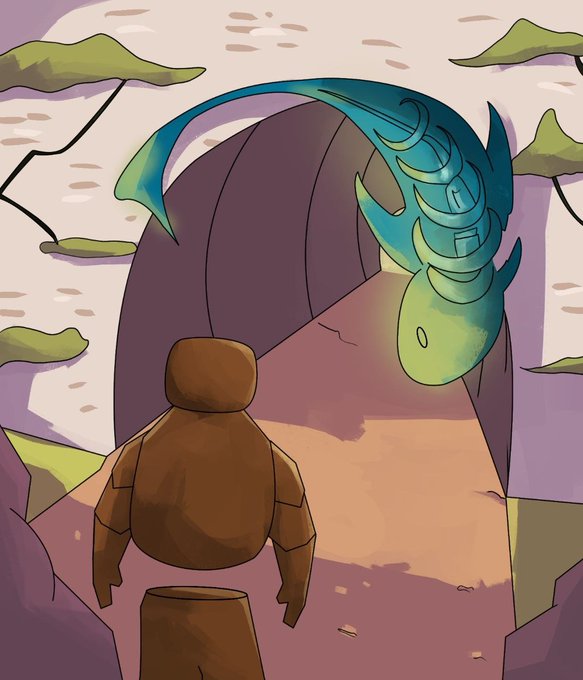 A digital illustration showing a brown figure walking through an archway toward a large, glowing teal and green fish-like creature.