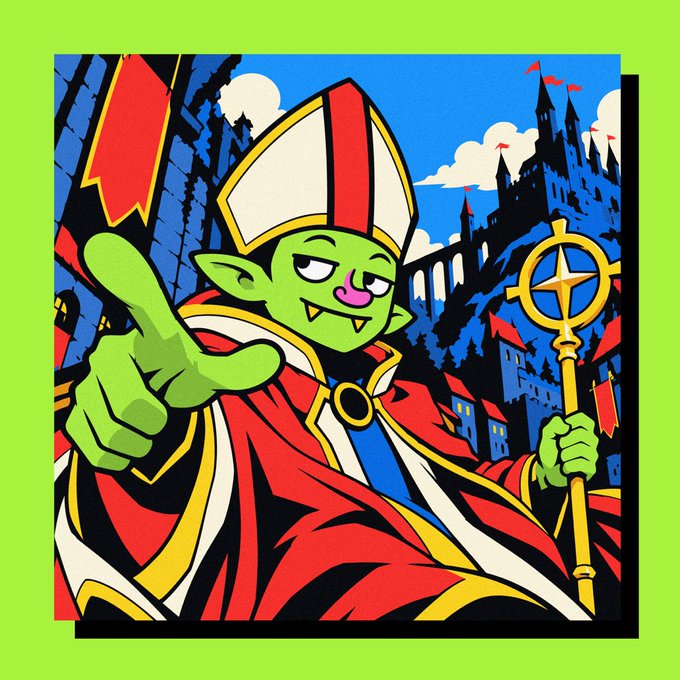 A vibrant cartoon illustration of a green-skinned goblin-like character dressed in red and white bishop attire with a mitre, holding a golden staff, set against a castle and blue sky background with a bright green border.