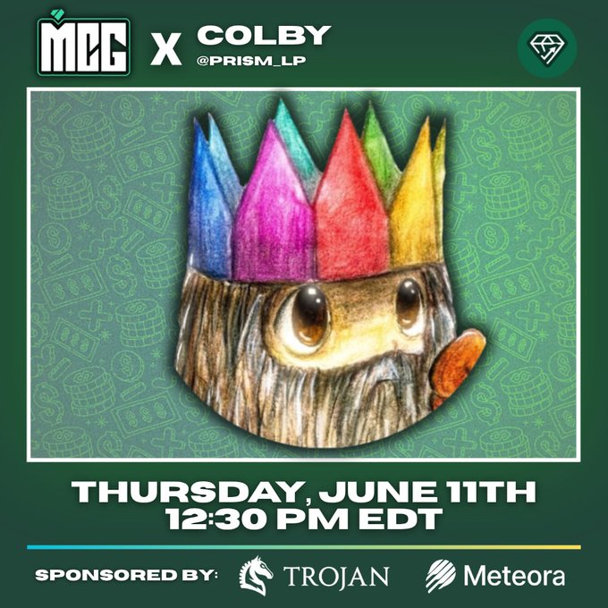 The image features a cartoon character wearing a crown with different colors, including red, blue, green, yellow, and purple. The text "MCG @ Colby" is also present in the image. The caption of the image reads "Today on MCG @ Colby | Prism LP".
