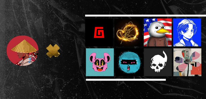 Dark-themed NFT/collection gallery showing a character with conical hat and a yellow check mark on the left, with a grid of 8 colorful profile artworks on the right.