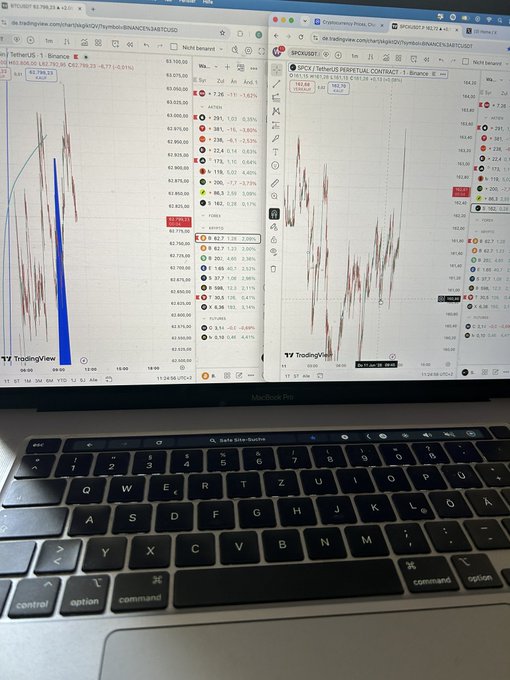 The image shows an open laptop computer with two monitors side by side, displaying a chart or graph related to Bitcoin and cryptocurrency prices. The screens are showing the fluctuating price of Bitcoin over time, indicating market trends and potential investment opportunities for those interested in digital currency.