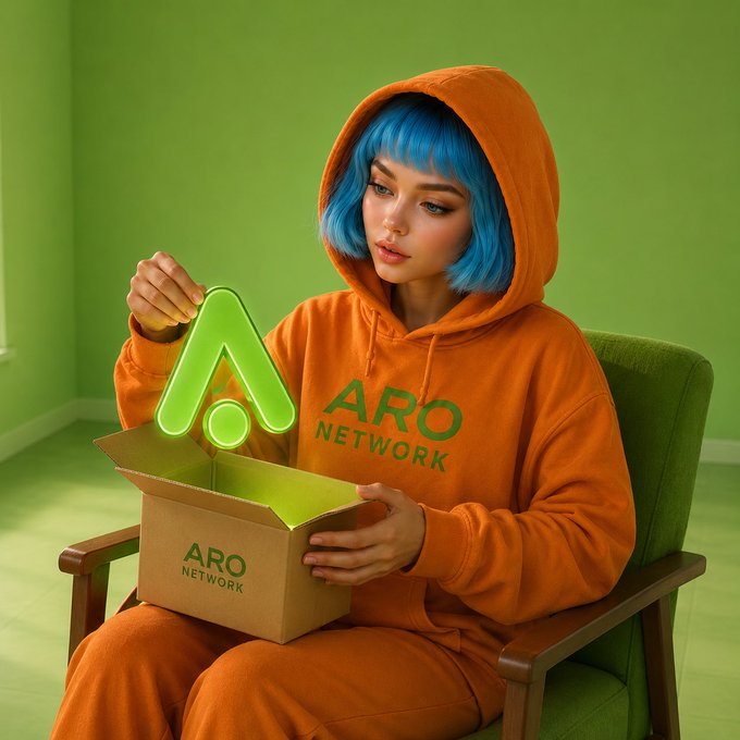 A woman with blue hair wearing an orange 'ARO NETWORK' hoodie sits in a green chair, opening a branded cardboard box to reveal a glowing green 'A' logo inside.