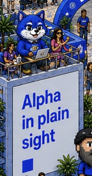An illustration of a blue cat mascot in a hoodie working on a laptop in a stadium-like setting, with a sign below reading 'Alpha in plain sight'.