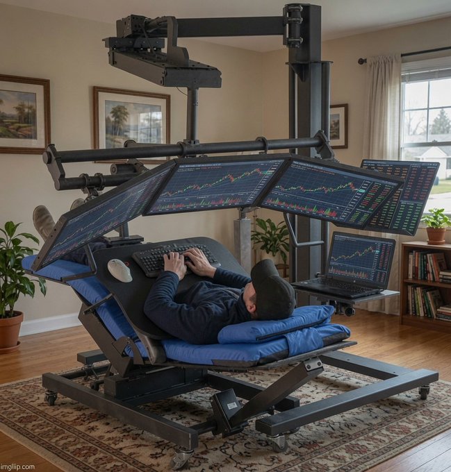A humorous image showing a person lying in an elaborate, over-engineered motorized bed setup with multiple monitors displaying trading charts and a laptop, set in a living room.