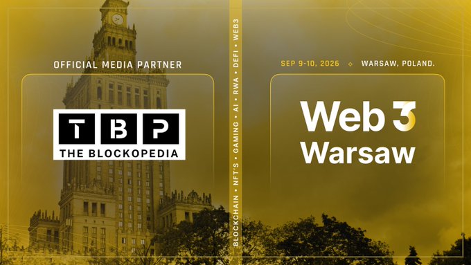 A promotional banner for 'Web 3 Warsaw' conference in Warsaw, Poland on Sep 9-10, 2026, featuring TBP - The Blockopedia as official media partner.