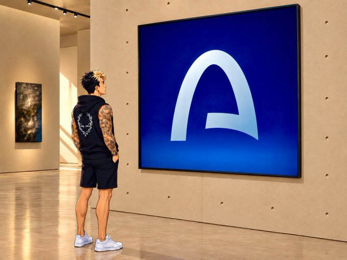A digitally rendered anime-style character with tattoos and a black hoodie stands in a modern art gallery, viewing a large blue screen displaying a stylized white 'A' logo.