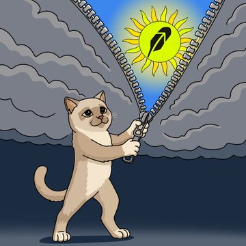 A cat character dramatically pulls open dark stormy clouds to reveal a bright sun bearing the Robinhood logo, symbolizing how CashCat "unveiled" Robinhood to the world as the original meme that sparked the crypto meme era.