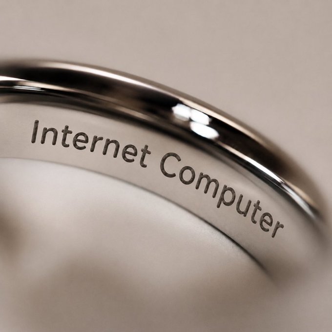 A close-up photograph of a silver ring engraved with the words 'Internet Computer'.