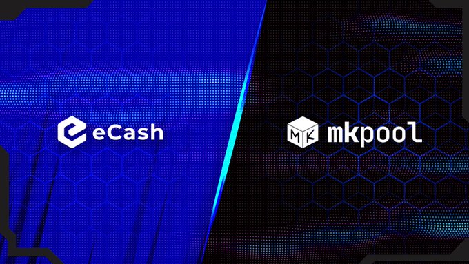 Split-screen banner with blue and black backgrounds displaying the logos 'eCash' on the left and 'mkpool' on the right, both over a hexagonal pattern.