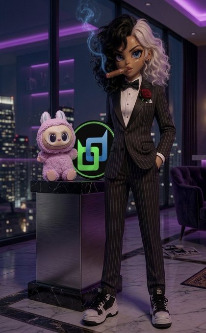 A 3D-rendered doll-like figure with half-black, half-white hair smokes a cigar while wearing a pinstripe tuxedo, standing next to a pink bunny plush and a glowing neon logo in a luxury high-rise interior.