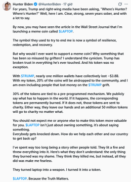 A tweet from Hunter Biden (@HunterBiden) discussing the symbolism of memes, referencing Trump's 'sloppy' meme coin launch and defending memecoins as community-driven, no I.D. required, with $STRUMP mentioned.
