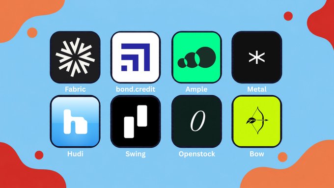 A grid of eight app icons labeled Fabric, bond.credit, Ample, Metal, Hudi, Swing, Openstock, and Bow on a blue background with orange and red accents.