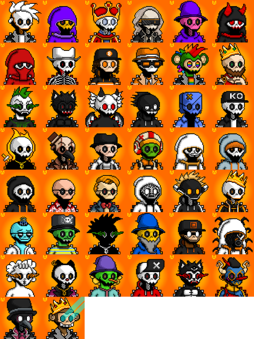 A collection of pixel art skeleton characters with various accessories, outfits, and colors displayed on an orange background.