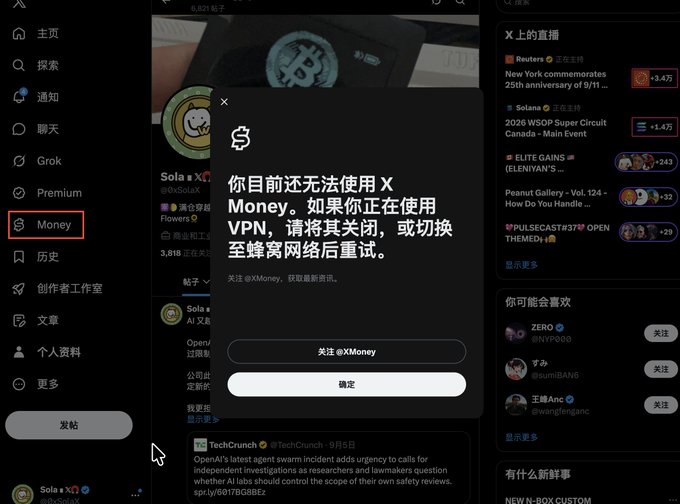 A screenshot of the X (formerly Twitter) app interface in Chinese, showing a popup message indicating X Money cannot be used, suggesting disabling VPN or switching networks, with the 'Money' option highlighted in the left sidebar.