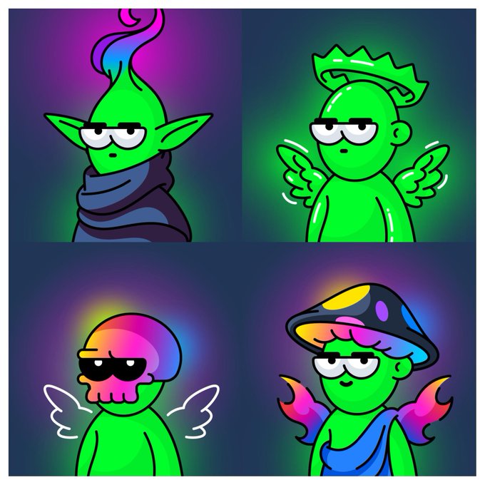 Four cartoon characters in green with sunglasses and angel wings arranged in a grid, each with unique features like horns, a mushroom cap, or colorful hair.