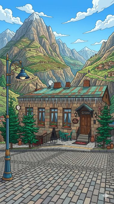 The image features an old house with a green roof sitting at the bottom of a mountain range. A street lamp stands next to the house, and there are trees nearby as well. The scene appears to be a small town or village setting, possibly in Europe. The post is about maintaining consistency and staying focused on building while others around you are still hitting snooze.