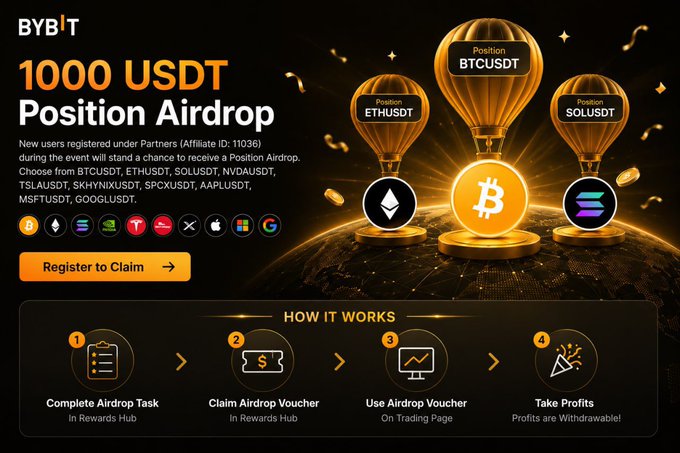 Bybit promotional banner advertising a '1000 USDT Position Airdrop' for new users (Affiliate ID: 11036), featuring hot air balloons for BTCUSDT, ETHUSDT, and SOLUSDT pairs with a 'Register to Claim' button and 4-step 'How It Works' guide.