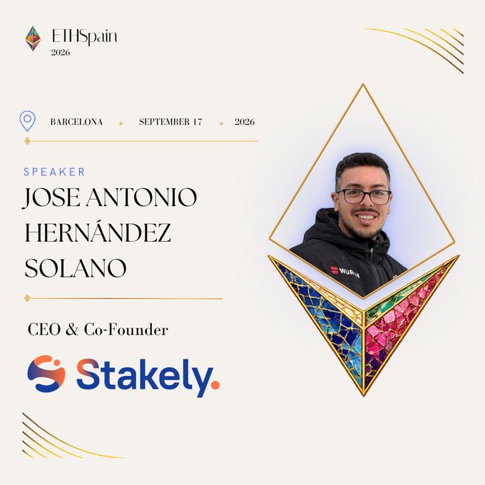 A speaker announcement card for EISpain 2026 in Barcelona on September 17, 2026, featuring Jose Antonio Hernández Solano, CEO & Co-Founder of Stakely.