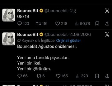 A screenshot of BounceBit's X (formerly Twitter) timeline displays two posts: a recent tweet from 08/19 showing engagement metrics (123 replies, 116 reposts, 218 likes, 90.7K views), and an earlier pinned post from 04.08.2026 promoting "BounceBit Ağustos önizlemesi" (August preview) with much higher engagement (32B views, 165 likes). This supports the post's argument that sales-driven attention is reviving older promotional content rather than generating organic reactions, signaling bearish sentiment for the $BB weekly chart.