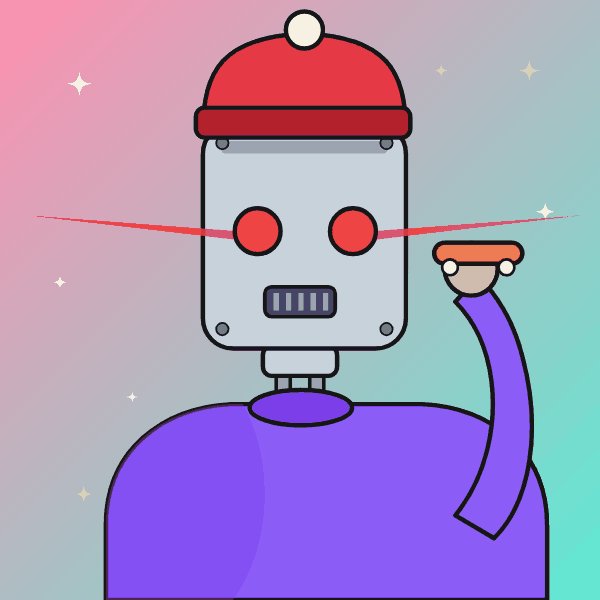 A colorful cartoon robot with glowing red eyes, wearing a red beanie and purple body, appears to promote the “MINTING TODAY” OpenSea drop. The post announces a free mint for the first 100, a public mint at 0.000045 ETH (~0.08$), scheduled for August 19 at 2:30 PM and 2:50 PM UTC, for a 4,444-supply ROBOS collection.