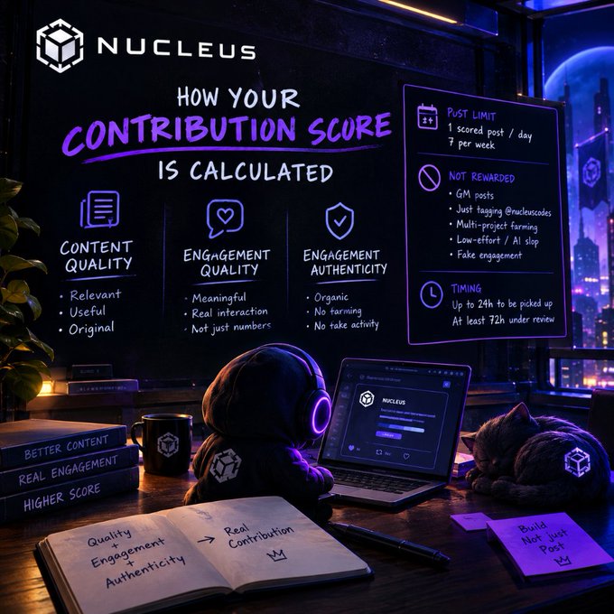 An infographic titled 'NUCLEUS - HOW YOUR CONTRIBUTION SCORE IS CALCULATED' breaks down scoring factors including Content Quality, Engagement Quality, and Engagement Authenticity, alongside a hooded figure using a laptop with a cat beside it.