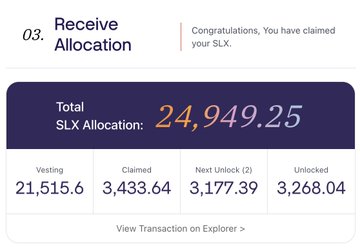 A 'Receive Allocation' confirmation page showing a total SLX allocation of 24,949.25, with 3,433.64 claimed, 21,515.6 vesting, 3,177.39 next unlock, and 3,268.04 unlocked.