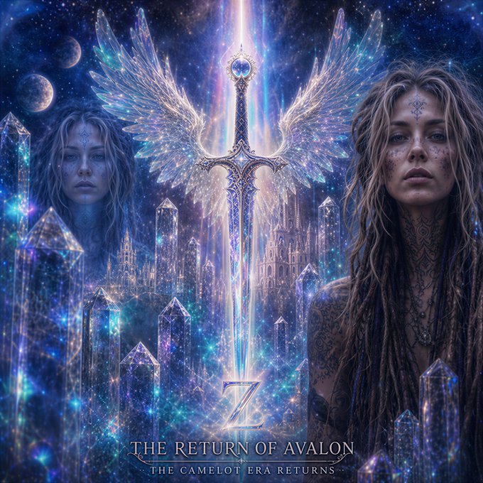 A fantasy artwork titled 'THE RETURN OF AVALON - THE CAMELOT ERA RETURNS' features a glowing sword with angelic wings, flanked by two women against a cosmic background of crystals and stars.