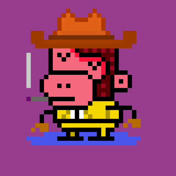 A pixel art illustration of a pink ape character wearing an orange cowboy hat and yellow outfit, standing on a purple background. The image represents the "Smol Apes" NFT project being promoted for listing on the Robinhood app.