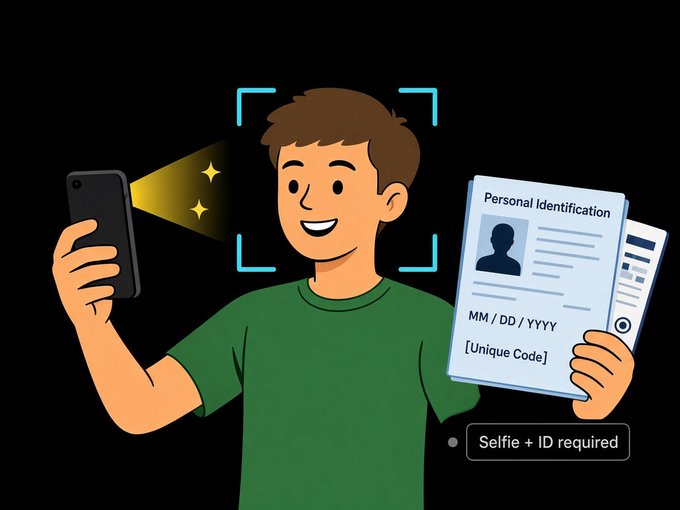 A cartoon man holds a smartphone taking a selfie while also holding "Personal Identification" documents, with text reading "Selfie + ID required" and "MM / DD / YYYY [Unique Code]" beneath him. The image illustrates the KYC (Know Your Customer) identity verification process that traditional financial services require, which the caption contrasts with Bitcoin's permissionless access that doesn't demand such personal identification.