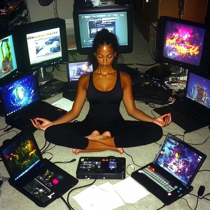 A young woman in a black tank top and leggings sitting in a meditation/lotus pose surrounded by multiple monitors, laptops, and video editing equipment displaying various digital content.