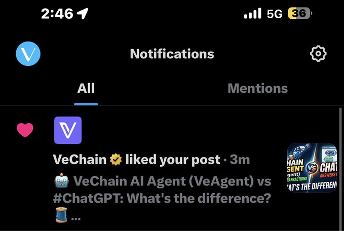A smartphone screenshot of Twitter/X notifications showing that the official VeChain account liked the user's post comparing VeChain AI Agent (VeAgent) vs #ChatGPT, supporting their caption about receiving recognition from the core VeChain team for their blockchain content.