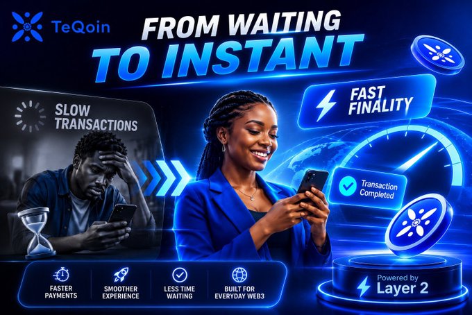A TeQoin promotional banner stating 'From Waiting to Instant,' contrasting slow transactions with a frustrated man against fast finality with a smiling woman, highlighting features like 'Faster Payments' and 'Powered by Layer 2.'