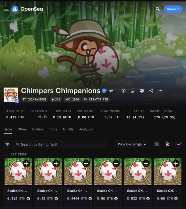 The OpenSea NFT marketplace page for the 'Chimpers Chimpanions' collection by CHIMPANZIONS, showing a floor price of 0.419 ETH and a grid of 'Sealed Chi...' egg items.