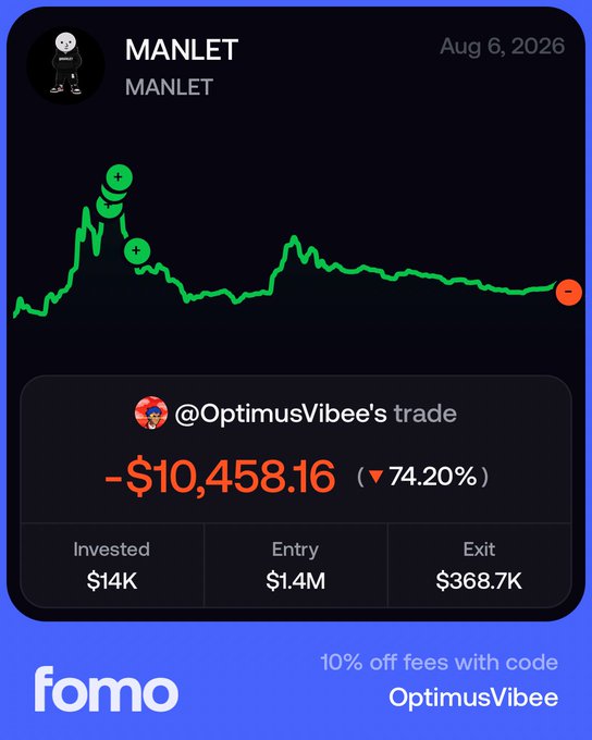 A trading chart for the "MANLET" token dated Aug 6, 2026, shows a dramatic 74.20% decline resulting in a -$10,458.16 loss on @OptimusVibee's trade (entry $1.4M, exit $368.7K). The post taunts that Opti sold at the bottom ("sold, now run it"), implying the token's price will recover and rebound now that he's taken the loss.