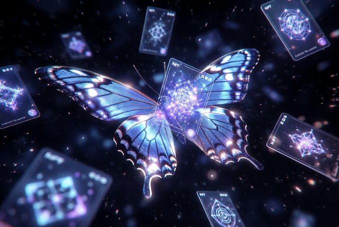 The image features a butterfly with blue wings and a purple body, surrounded by floating cards that appear to be playing cards or tarot cards. The cards are arranged in various positions around the butterfly, creating an interesting visual effect. The text in the image reads "Big news for collectors and quantum enthusiasts: @quipnetwork just dropped Quantum Echoes the world's first NFT collection powered by real quantum hardware. Every single mint is truly unique, seeded by verifiable quantum randomness generated live on D-Wave systems".