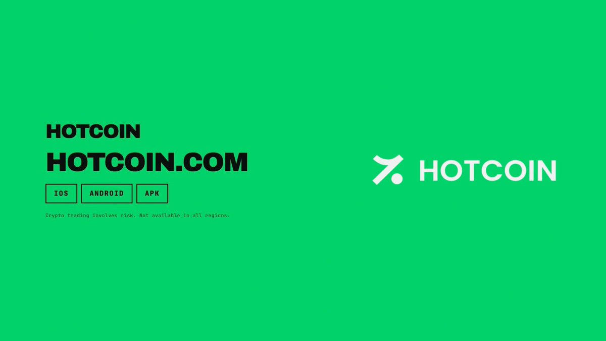 A green graphic for 'HOTCOIN' displaying 'HOTCOIN.COM' and download buttons for IOS, ANDROID, and APK, alongside the company's white logo.