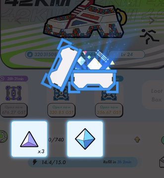 A mobile game screenshot showing a sneaker/box item with '42K' text, player level 24, and reward boxes with a triangular icon 'x3' counter.