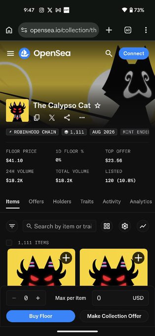 A screenshot of the OpenSea NFT marketplace displaying "The Calypso Cat" collection page, which shows 1,111 items with a floor price of $41.10 and 24h volume of $18.2K. The image relates to the post as it shows the collection stats (floor price, volume, listed items) the user would reference when deciding whether to sell their Calypso Cat (CT) NFT holdings.