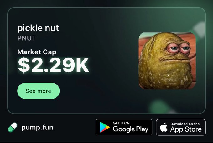 A pump.fun listing page showing "pickle nut" (PNUT) with a market cap of $2.29K, featuring the meme pickle character and Google Play/App Store download buttons.