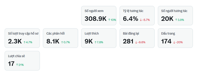 A social media analytics dashboard in Vietnamese showing 308.9K views (+10%), 6.4% engagement rate (-5.7%), 20K interactions, 2.3K profile visits, 8.1K responses, 9K likes, 281 reposts, 174 bookmarks, and 17 shares.