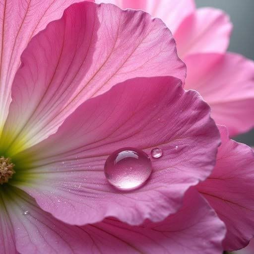 A close-up macro photograph of a pink flower petal with a clear water droplet resting on it.
