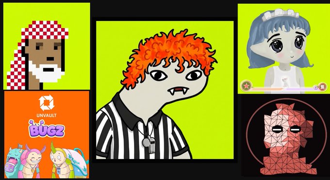 The image is a collage showcasing various NFT collections, including pixel art characters, a curly-haired figure in a striped shirt, an anime-style girl, a geometric red dragon, and promotional art for "Unvault" and "Bugz" collections. This relates to the post by highlighting the featured NFT mints, such as the Robin Kiddies and Unvault projects, along with their supply, mint price, and chain details.