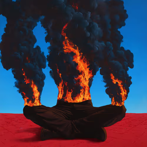 A surreal figure dressed in black sits cross-legged on a red surface, with massive plumes of black smoke and orange fire erupting from where the head and upper body should be against a bright blue sky.