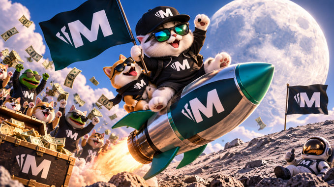 An illustrated promotional image featuring the Mint mascot cat riding a rocket ship alongside other animal characters, surrounded by falling money and 'M' logos, with a moon in the background.