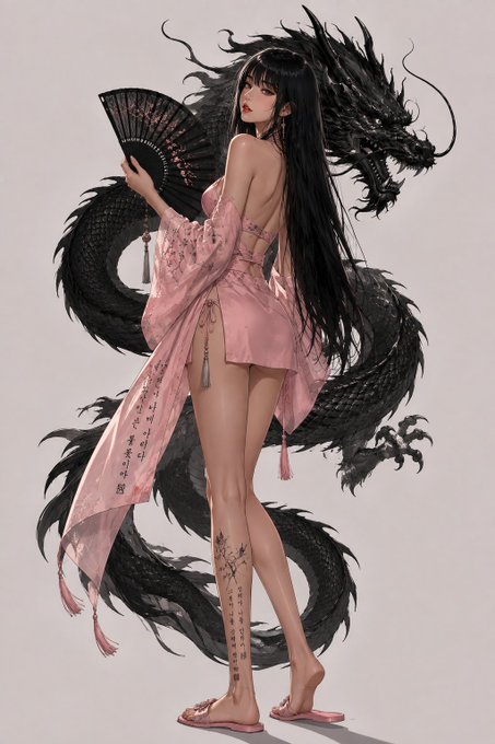 A woman in a flowing pink robe adorned with Chinese calligraphy holds a black folding fan while a massive black Eastern dragon coils protectively around her, embodying the "Black Dragon's Rose" theme of beauty guarded by ancient darkness. The artwork is presented as a 1/1 edition on the 20 XTZ marketplace.
