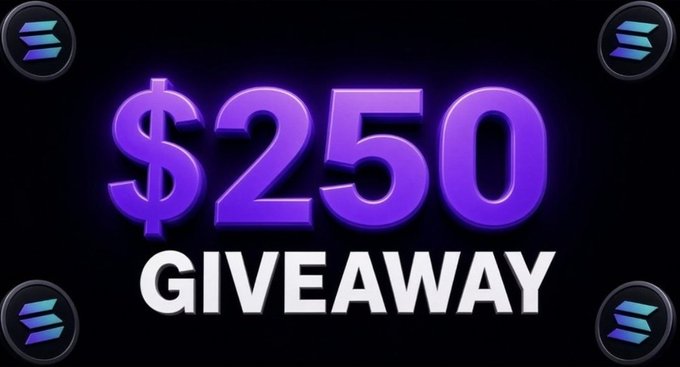 A promotional graphic for a “$250 GIVEAWAY” featuring large purple “$250” text and Solana logos in the corners. It supports the post’s Solana giveaway: 10 winners receiving $25 each in $SOL, with entry instructions to follow @yungrealmoments, like and retweet, and tag two friends.