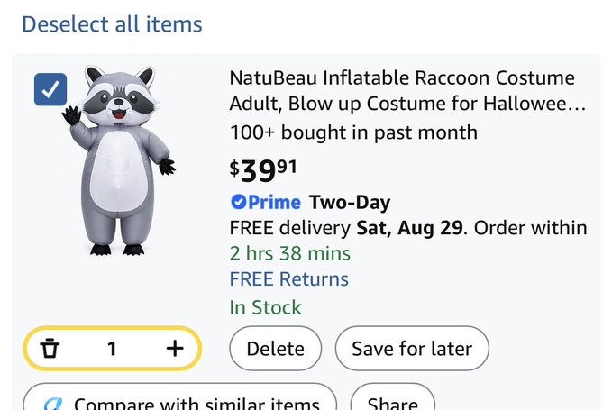 An Amazon product listing for a 'NatuBeau Inflatable Raccoon Costume' adult blow-up Halloween costume priced at $39.91, marked Prime Two-Day with free delivery and in stock.